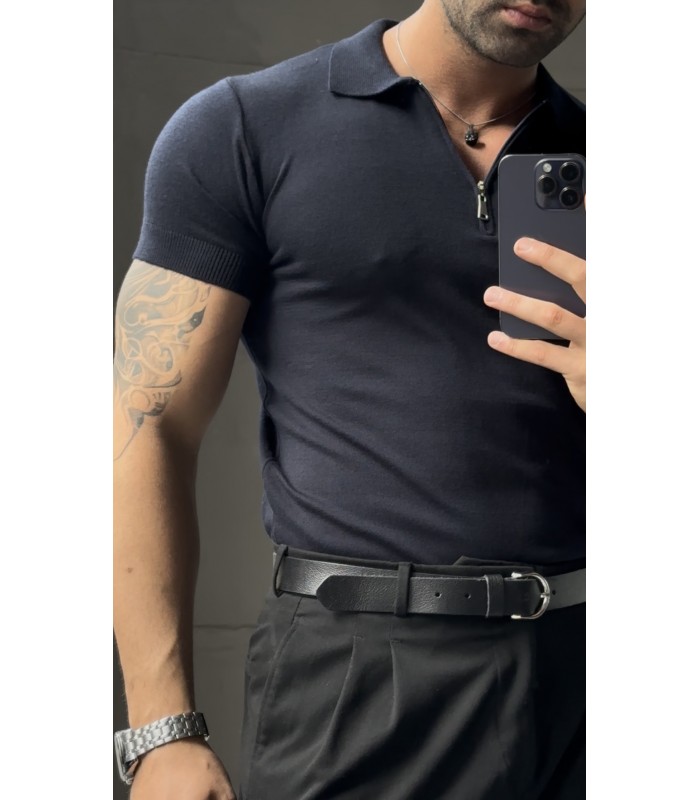 Özel Kumaş Likrali Yaka Fermuar Detayli Tshirt